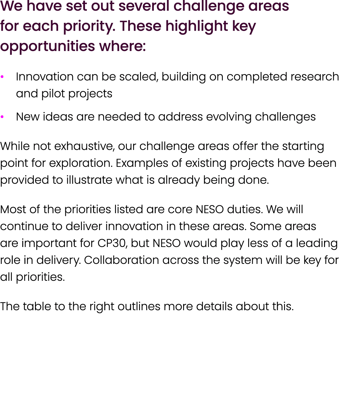 We have set out several challenge areas for each priority. These highlight key opportunities where: • Innovation can ...