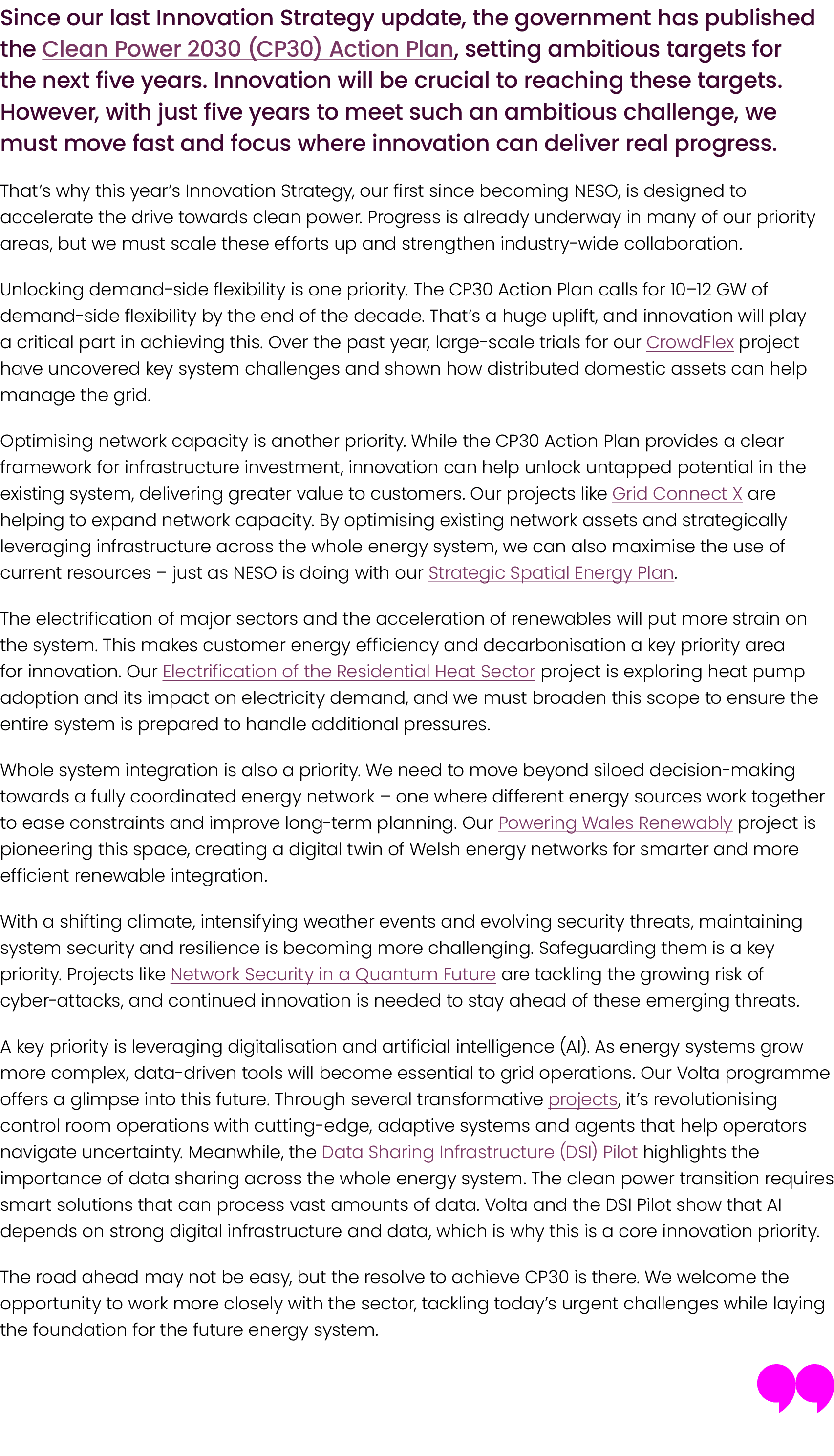 Since our last Innovation Strategy update, the government has published the Clean Power 2030 (CP30) Action Plan, sett...