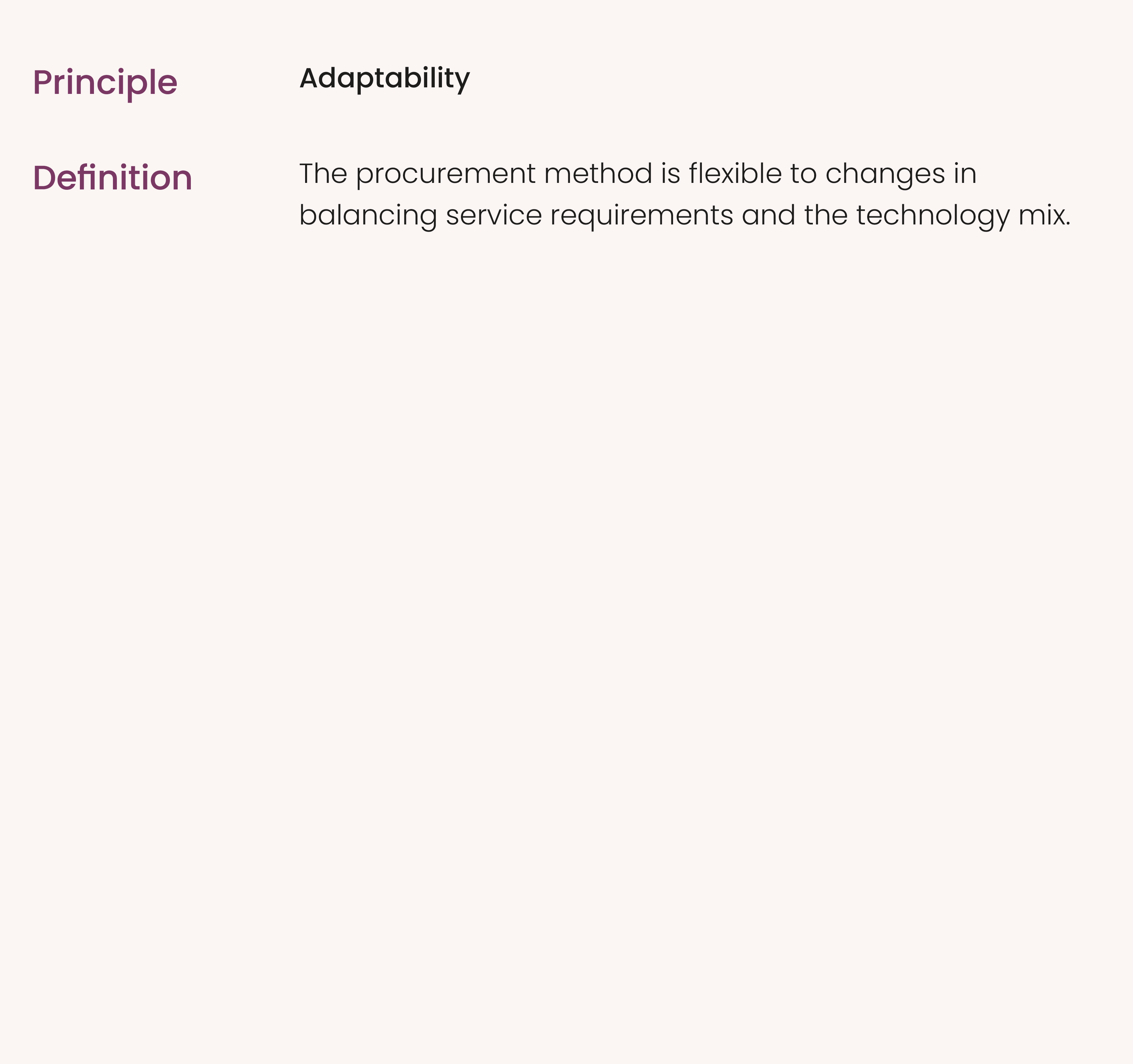 Principle,,Adaptability,,,,Definition ,,The procurement method is flexible to changes in balancing service requiremen...