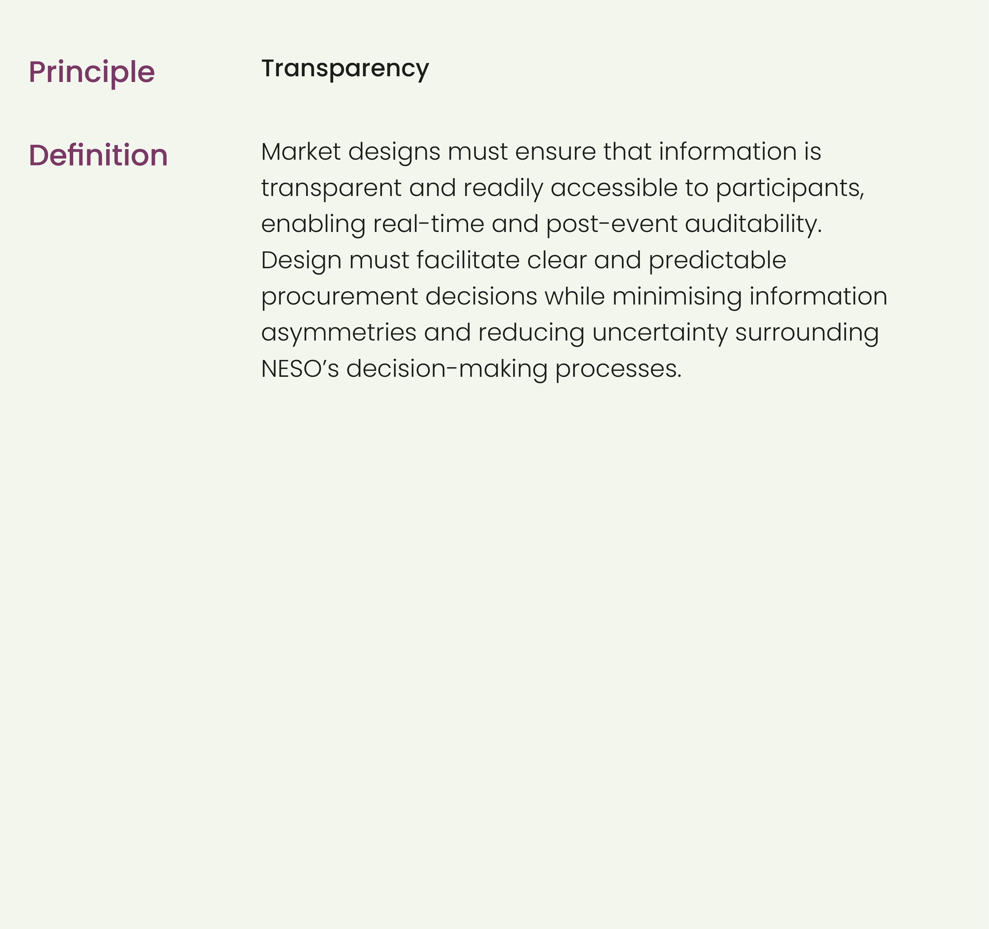 Principle,,Transparency,,,,Definition ,,Market designs must ensure that information is transparent and readily access...