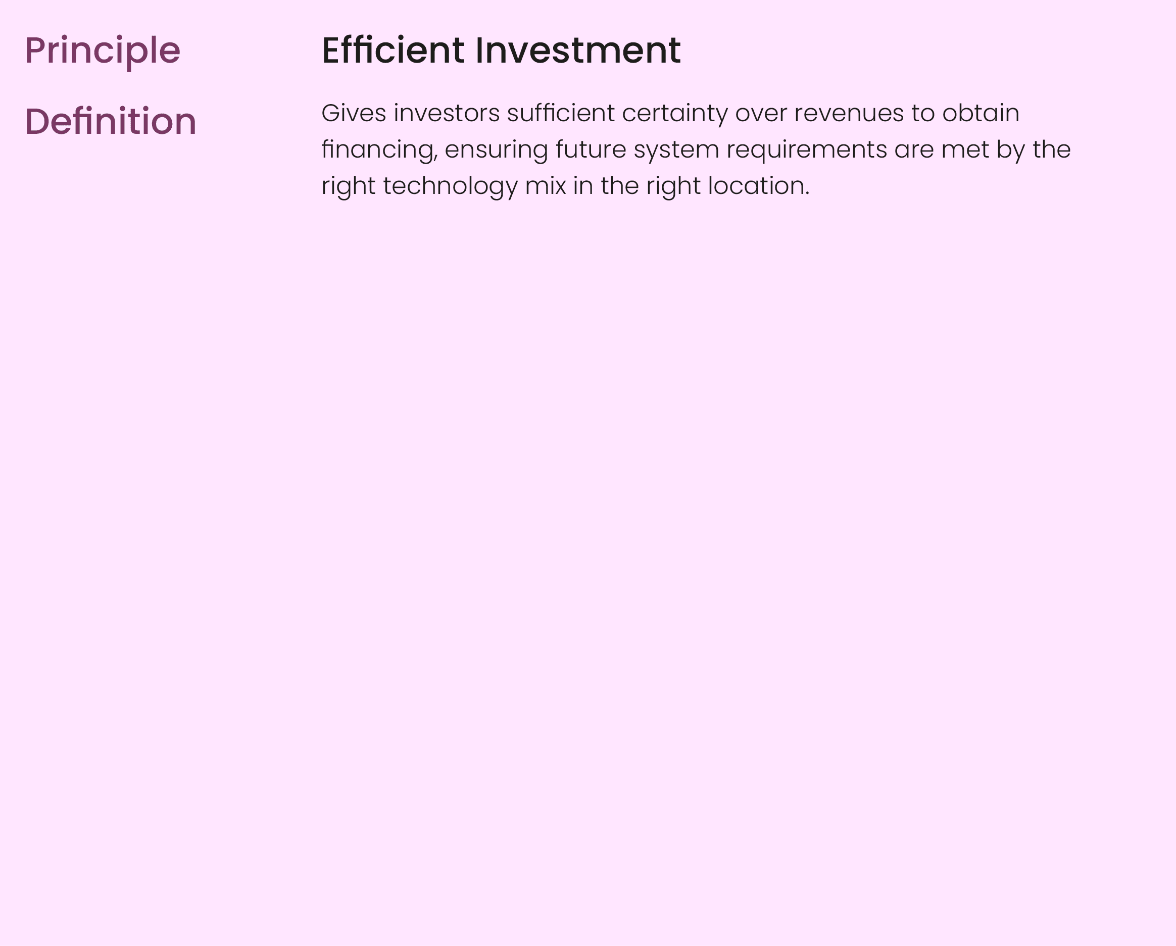 Principle,,Efficient Investment,Definition,,Gives investors sufficient certainty over revenues to obtain financing, e...