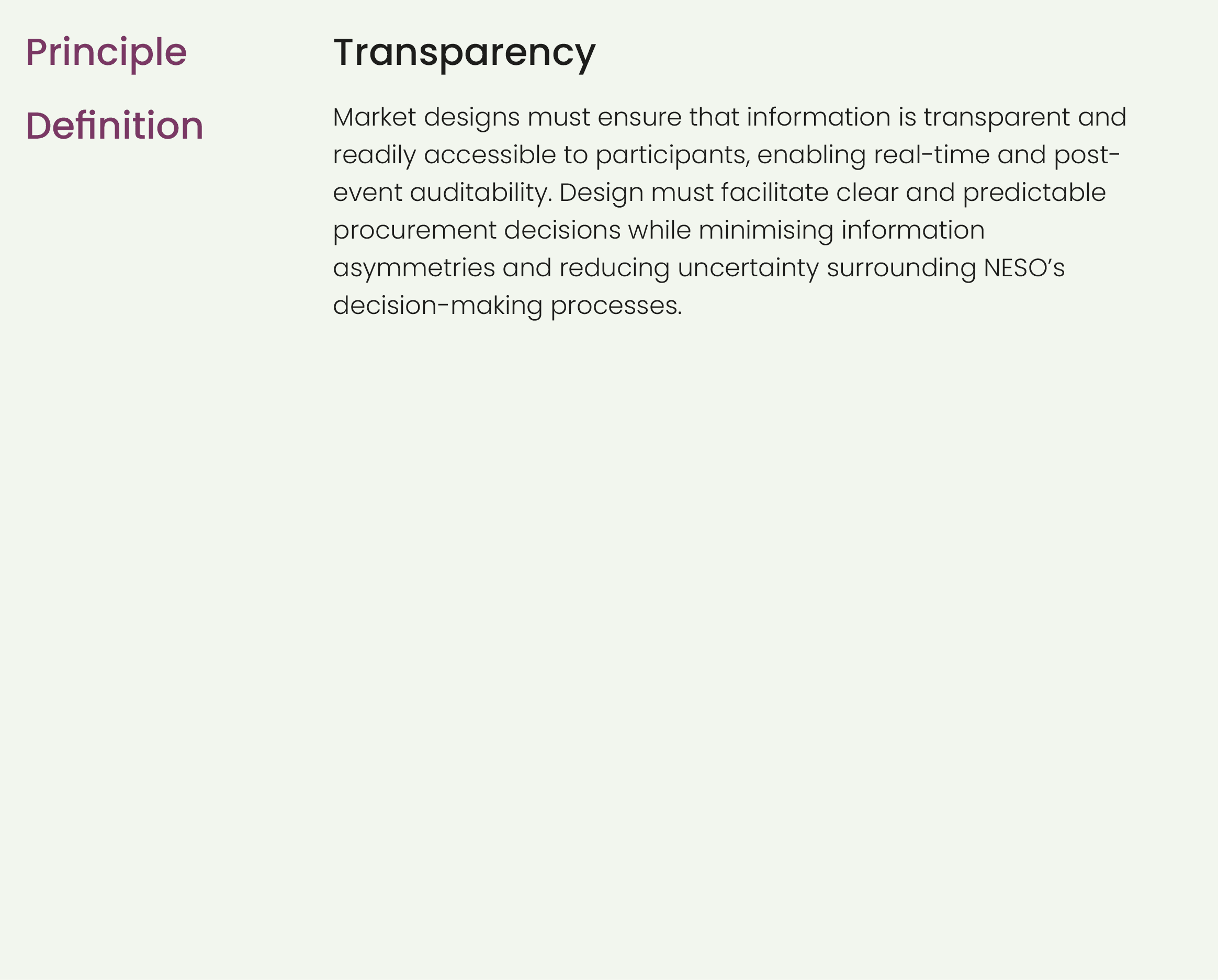 Principle,,Transparency,Definition,,Market designs must ensure that information is transparent and readily accessible...