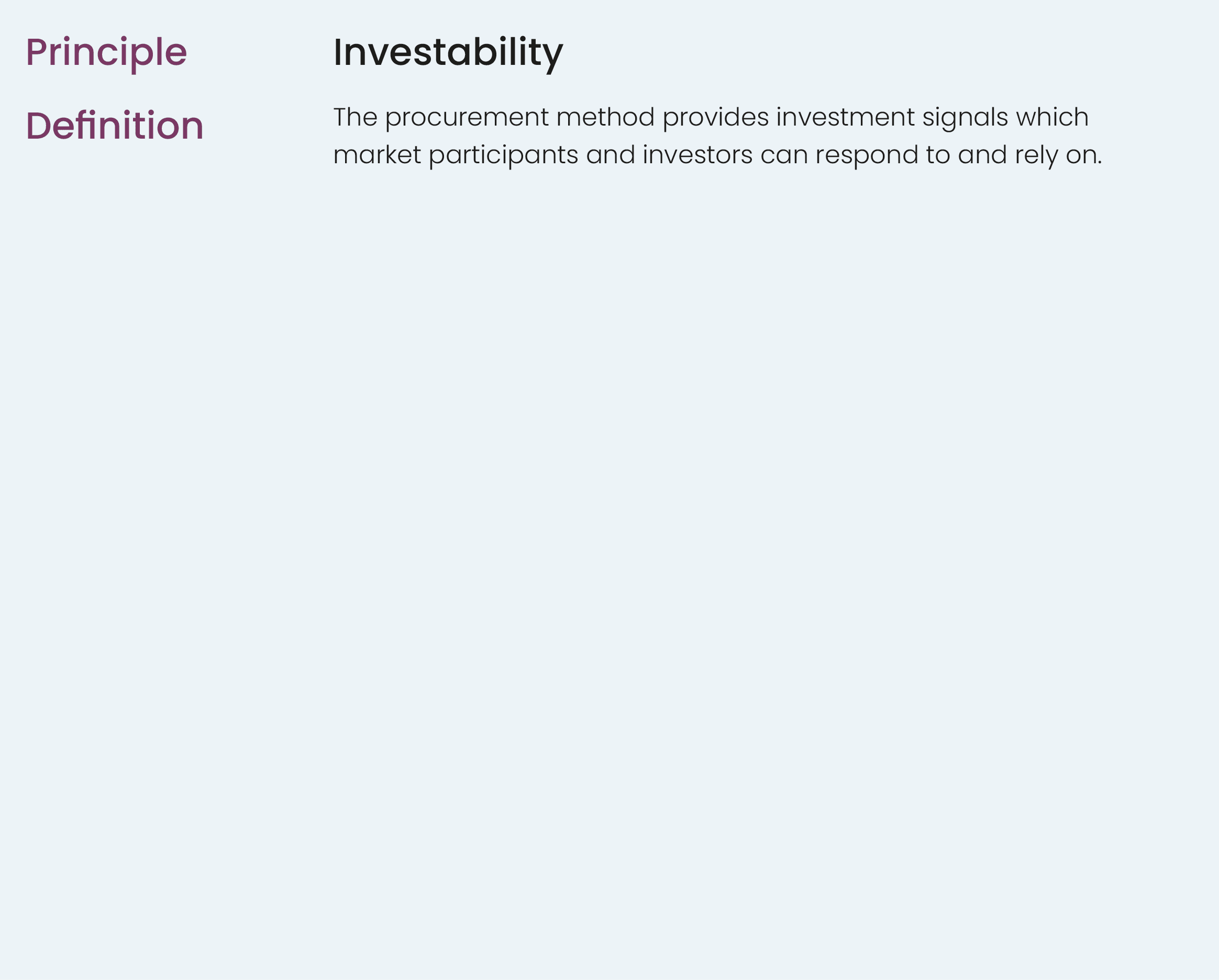 Principle,,Investability,Definition,,The procurement method provides investment signals which market participants and...
