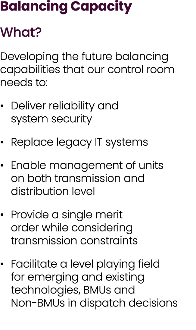 Balancing Capacity What? Developing the future balancing capabilities that our control room needs to: Deliver reliabi...