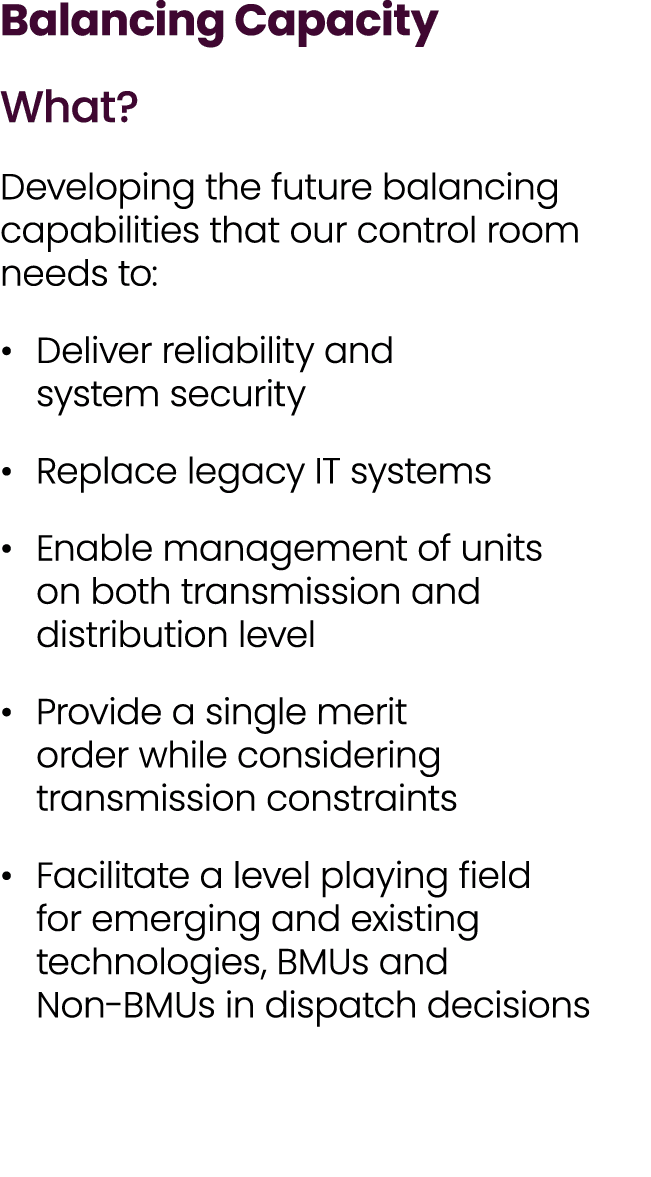 Balancing Capacity What? Developing the future balancing capabilities that our control room needs to: Deliver reliabi...