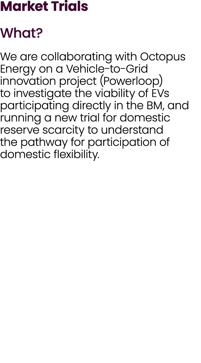 Market Trials What? We are collaborating with Octopus Energy on a Vehicle to Grid innovation project (Powerloop) to i...