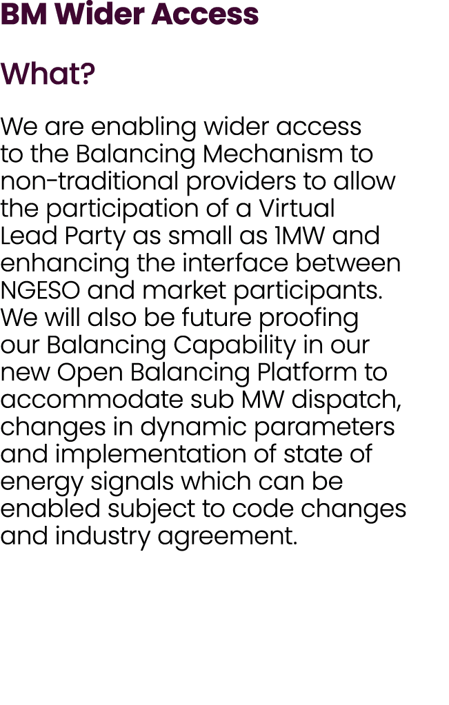 BM Wider Access What? We are enabling wider access to the Balancing Mechanism to non traditional providers to allow t...