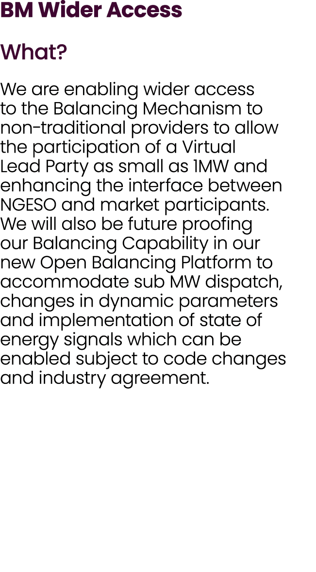 BM Wider Access What? We are enabling wider access to the Balancing Mechanism to non traditional providers to allow t...
