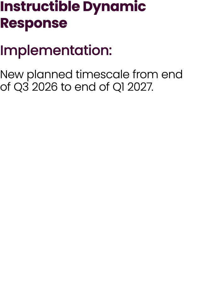 Instructible Dynamic Response Implementation: New planned timescale from end of Q3 2026 to end of Q1 2027.