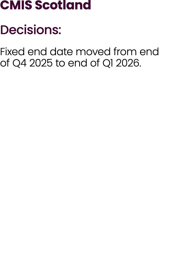 CMIS Scotland Decisions: Fixed end date moved from end of Q4 2025 to end of Q1 2026.