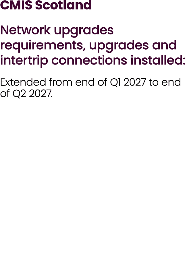 CMIS Scotland Network upgrades requirements, upgrades and intertrip connections installed: Extended from end of Q1 20...