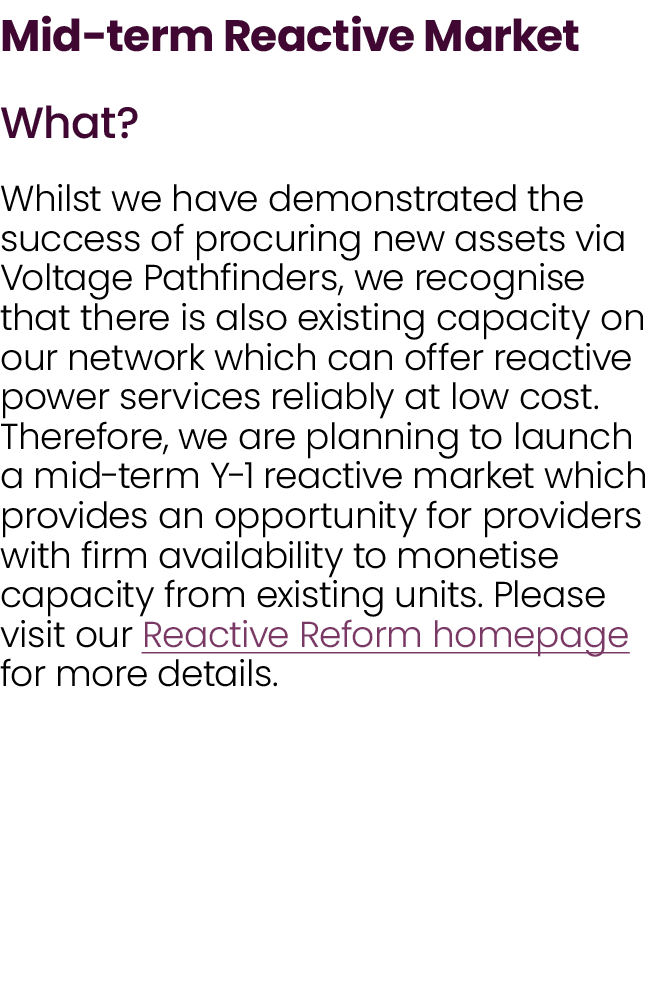 Mid term Reactive Market What? Whilst we have demonstrated the success of procuring new assets via Voltage Pathfinder...