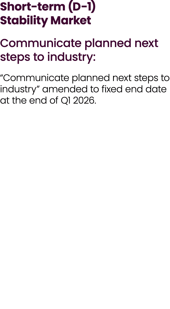 Short term (D 1) Stability Market Communicate planned next steps to industry: “Communicate planned next steps to indu...