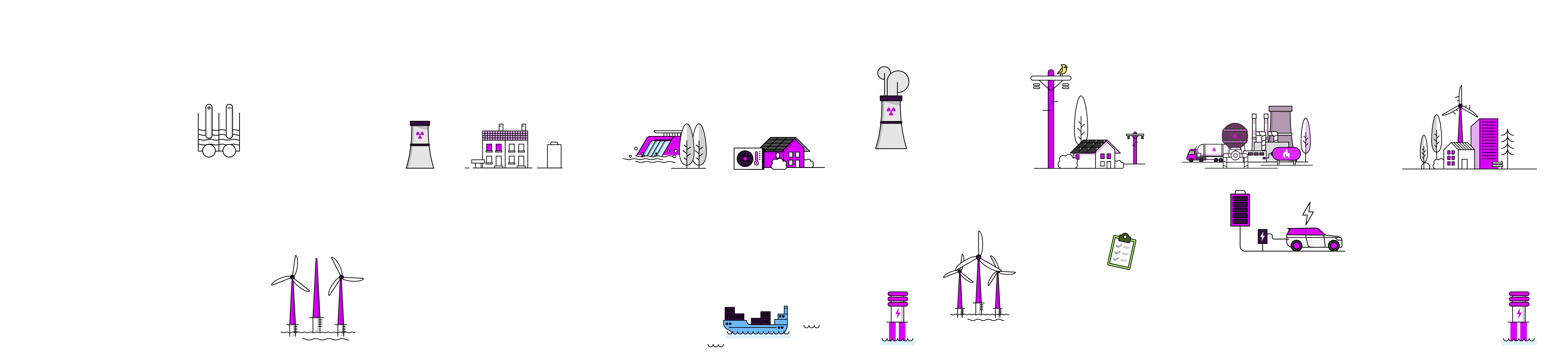 A white drawing of a row of objects, including a person and a dog, are lined up in a row. AI generated content