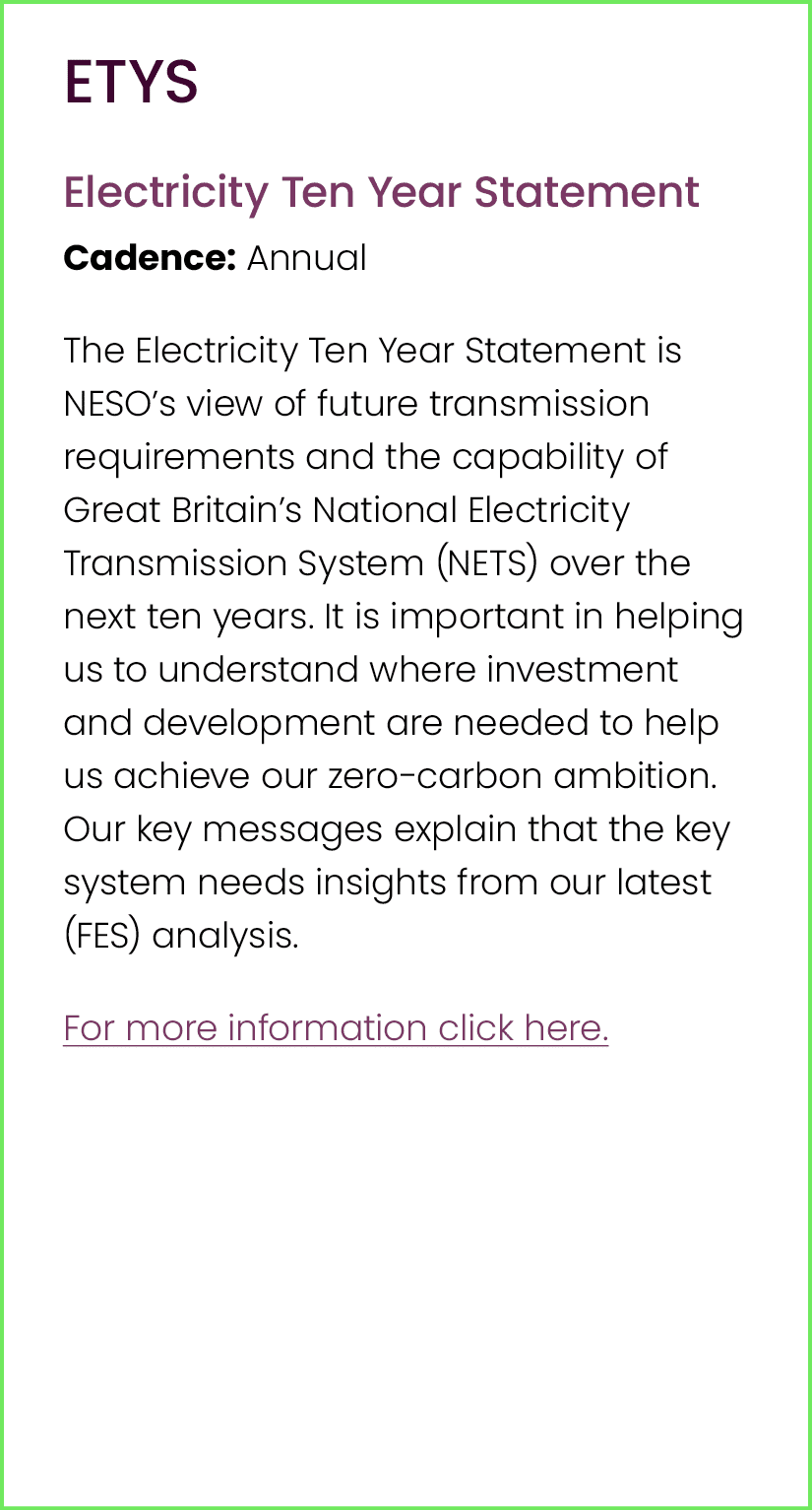 ETYS Electricity Ten Year Statement Cadence: Annual The Electricity Ten Year Statement is NESO’s view of future trans...