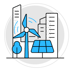 A windmill with a blue solar panel is shown in front of a city skyline. AI generated content