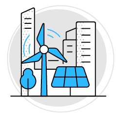 A windmill with a blue solar panel is shown in front of a city skyline. AI generated content