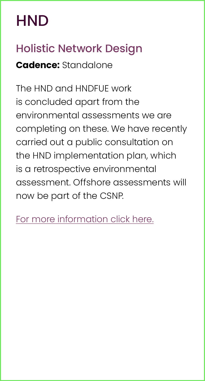 HND Holistic Network Design Cadence: Standalone The HND and HNDFUE work is concluded apart from the environmental ass...