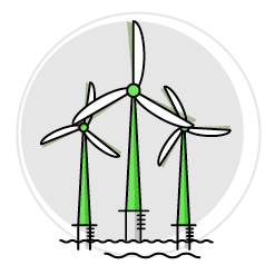 A drawing of a windmill with green blades and white sails. AI generated content