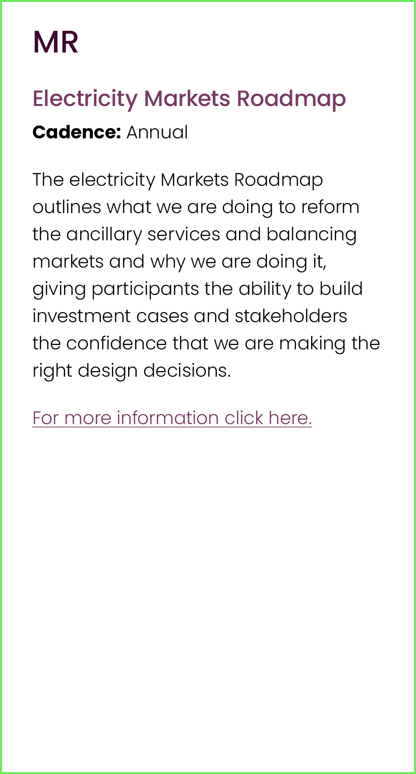MR Electricity Markets Roadmap Cadence: Annual The electricity Markets Roadmap outlines what we are doing to reform t...
