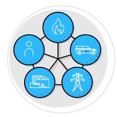 A circle with five blue images, including a car, a person, a fire hydrant, a windmill, and a building. AI generated content