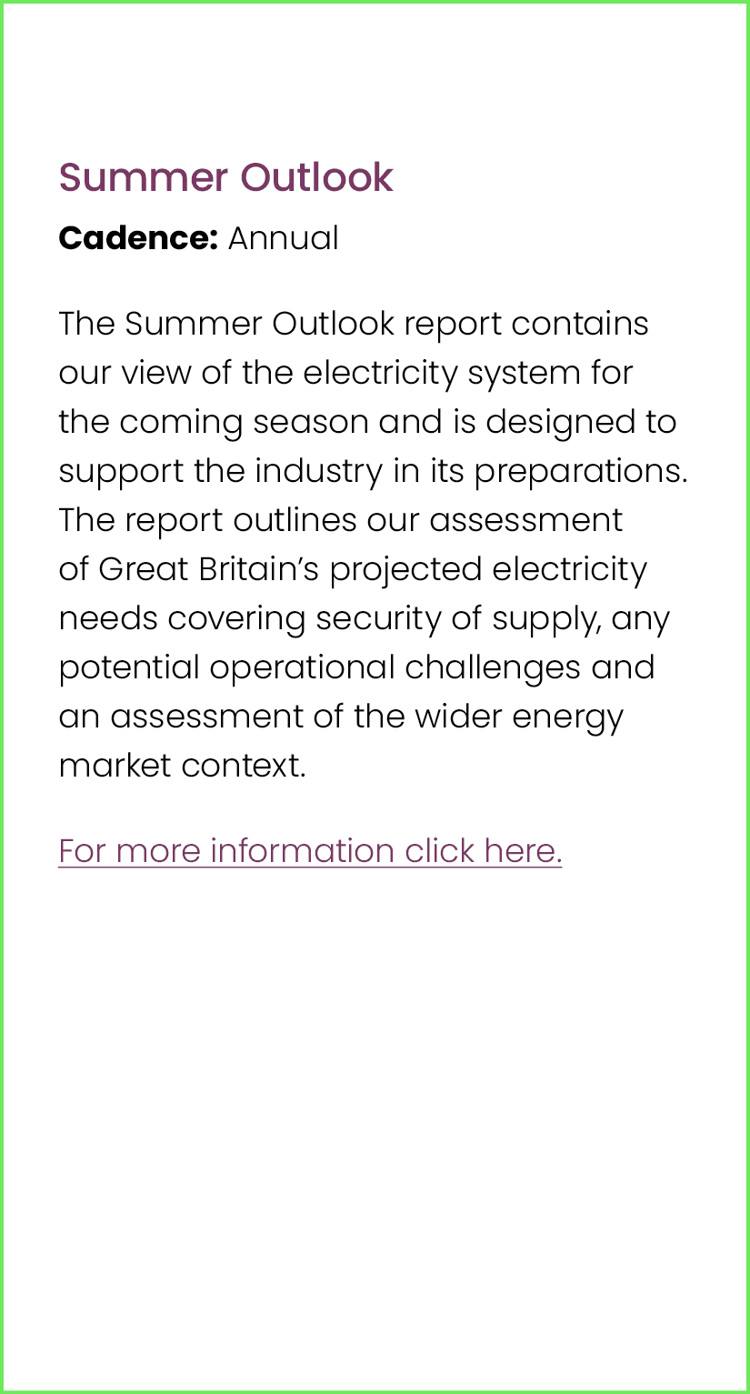  Summer Outlook Cadence: Annual The Summer Outlook report contains our view of the electricity system for the coming ...