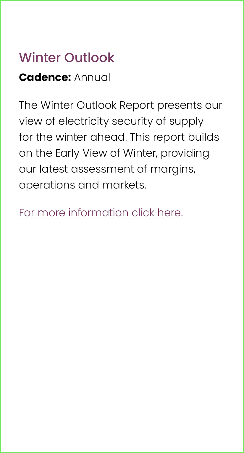  Winter Outlook Cadence: Annual The Winter Outlook Report presents our view of electricity security of supply for the...