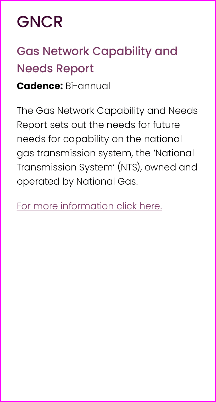 GNCR Gas Network Capability and Needs Report Cadence: Bi annual The Gas Network Capability and Needs Report sets out ...