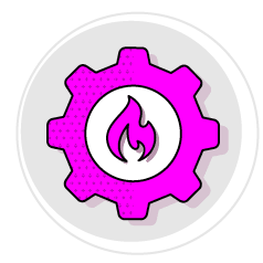 A pink and purple gear wheel with a flame in the center. AI generated content