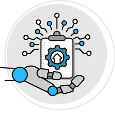A robotic hand holds a cell phone with a gear icon on it. AI generated content