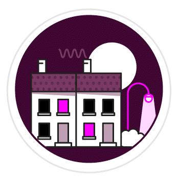 A house with a purple roof and a pink door. AI generated content