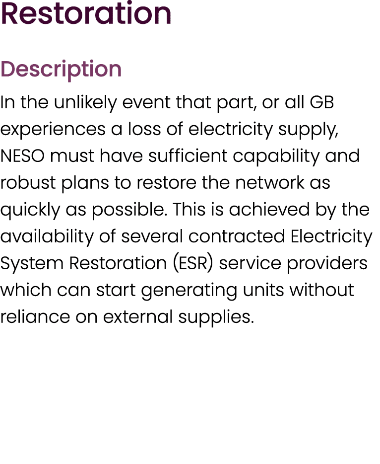 Restoration Description In the unlikely event that part, or all GB experiences a loss of electricity supply, NESO mus...