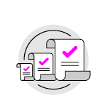 A cartoon image of a stack of papers with a purple check mark on the top one. AI generated content