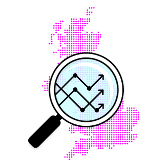 A magnifying glass is shown over a map of the United Kingdom. AI generated content