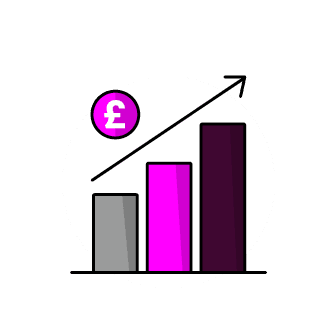 A pink and purple bar graph with a pound sign on top. AI generated content